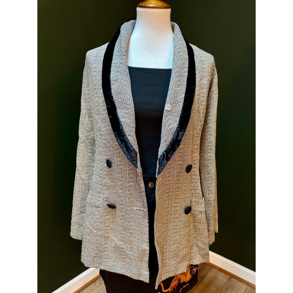 Vintage Dawn Joy Plaid Velvet Trim Double Breasted Blazer Women's Size 10‎